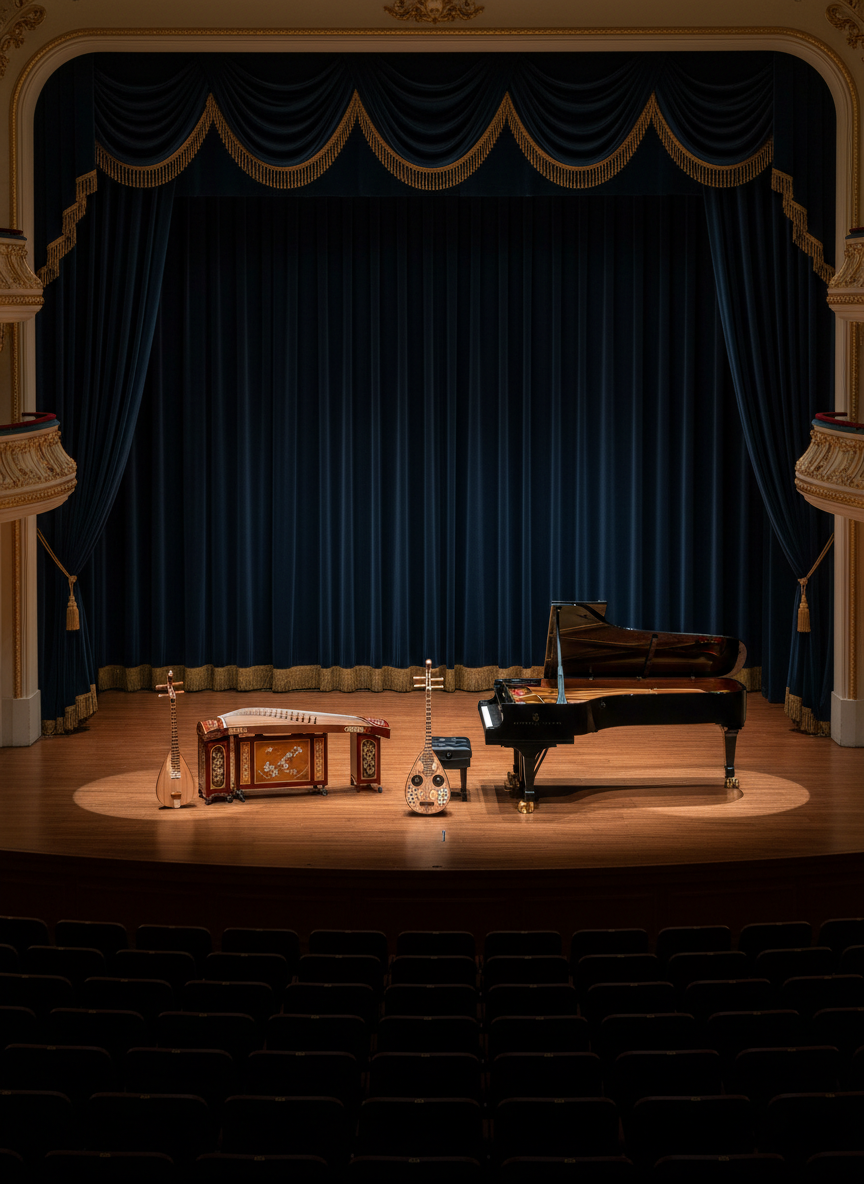A grand concert hall stage draped in deep midnight-blue velvet curtains, with a collection of traditional Eurasian instruments—ornate wooden dutar, lacquered guzheng, inlaid saz, and a polished concert grand piano—arranged in a graceful semi-circle on gleaming dark oak flooring. Soft, warm spotlighting from above creates gentle pools of light on each instrument, leaving the audience area in tasteful shadow. Hints of gold detailing on the balcony railings shimmer subtly. Captured in photographic realism from a centered, slightly elevated angle, the image emphasizes symmetry and depth, conveying a sophisticated, anticipatory mood that evokes the beginning of a refined cross-cultural music journey.