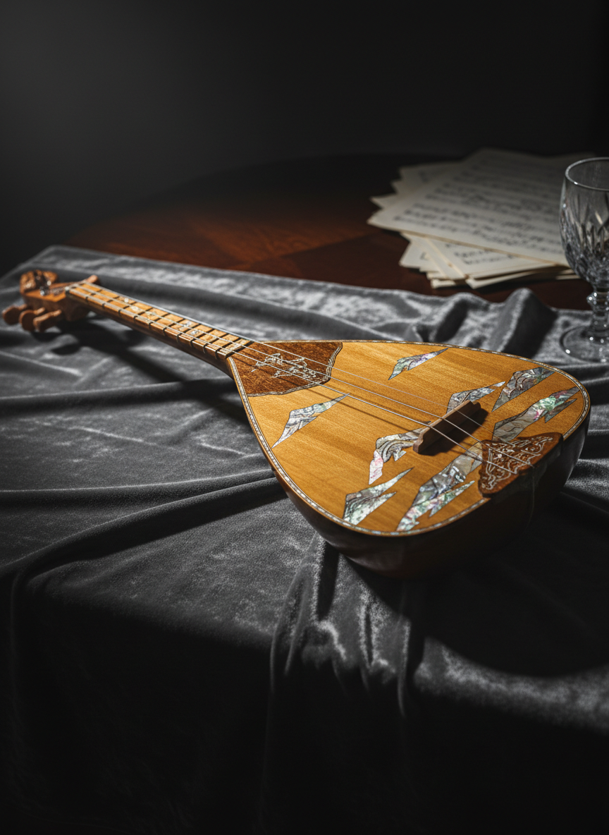 A close-up, photographic view of a meticulously crafted Eurasian string instrument, its warm amber wood body adorned with fine mother-of-pearl inlay forming abstract steppe and mountain motifs. The instrument rests on a charcoal-gray velvet cloth atop a dark wooden table, with blurred sheet music and a crystal water glass in the background. A single soft spotlight from the upper left creates delicate highlights along the polished strings and tuning pegs, casting faint, elegant shadows. Shot with a shallow depth of field and rule-of-thirds composition, the mood feels intimate, refined, and reverent, ideal for capturing the soul of a sophisticated concert experience.