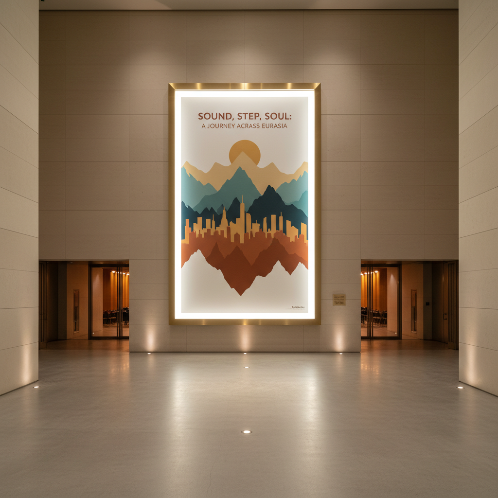A wide, photographic shot of an elegant contemporary foyer leading into the concert hall, featuring a large, backlit poster for “Sound, Step, Soul: A Journey Across Eurasia.” The poster shows stylized silhouettes of mountains blending into city skylines, rendered in muted teal, burnt sienna, and gold. It is framed in brushed brass against a pale limestone wall. Discreet floor lighting washes upward, casting soft, elongated shadows that emphasize clean architectural lines. Glass doors in the distance reveal a hint of stage lighting glow. Captured at eye level with strong leading lines, the mood is sophisticated, inviting, and cosmopolitan, signaling a refined cultural event.