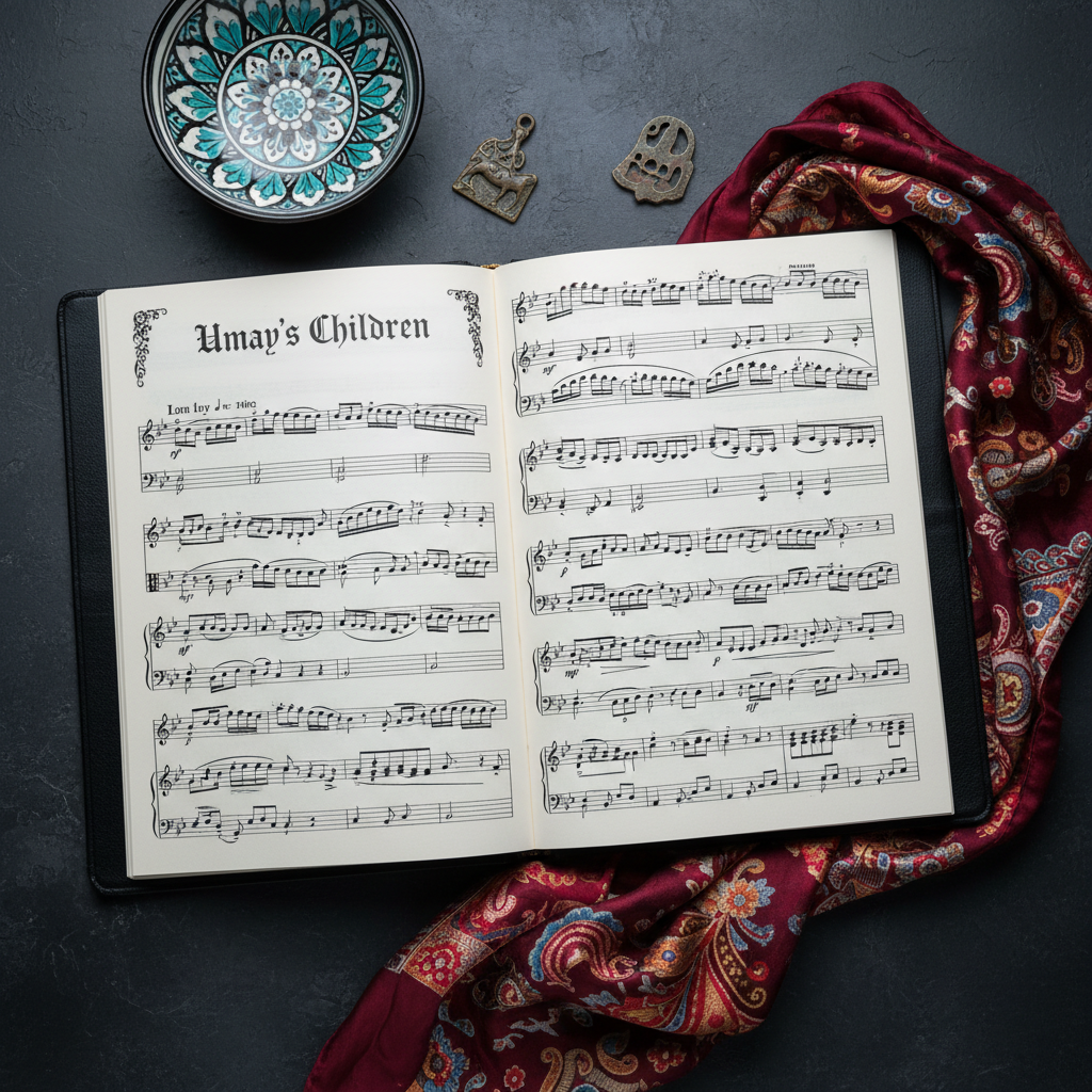 An overhead photographic composition of a conductor’s black leather-bound score book opened to a complex piece titled “Umay’s Children,” its cream pages filled with precise, flowing notation. Around it, a subtle collage of cultural elements from across Eurasia: a hand-painted ceramic bowl with turquoise patterns, a woven silk scarf in deep burgundy and gold, and a small bronze steppe-inspired amulet. They rest on a matte dark stone tabletop. Diffused, cool studio lighting from above creates soft, shadowless clarity, highlighting textures without glare. The mood is intellectual and contemplative, suggesting thoughtful preparation for a sophisticated, cross-continental musical journey.