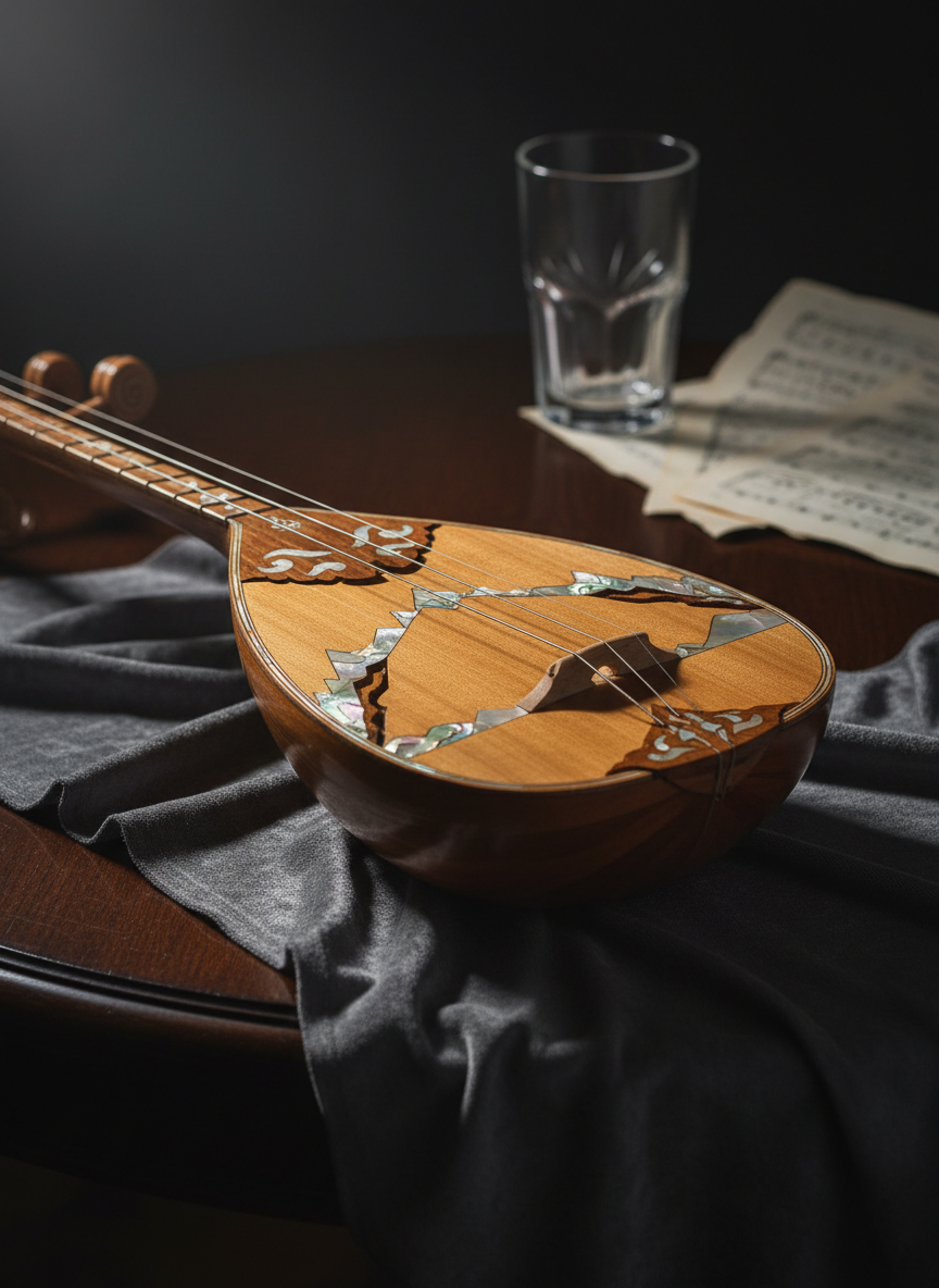 A close-up, photographic view of a meticulously crafted Eurasian string instrument, its warm amber wood body adorned with fine mother-of-pearl inlay forming abstract steppe and mountain motifs. The instrument rests on a charcoal-gray velvet cloth atop a dark wooden table, with blurred sheet music and a crystal water glass in the background. A single soft spotlight from the upper left creates delicate highlights along the polished strings and tuning pegs, casting faint, elegant shadows. Shot with a shallow depth of field and rule-of-thirds composition, the mood feels intimate, refined, and reverent, ideal for capturing the soul of a sophisticated concert experience.